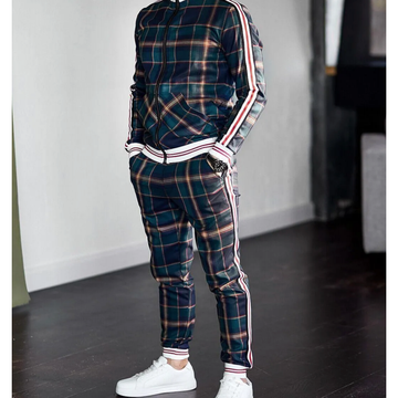 Men's Checkered Tracksuit Set - Jacket with Zipper & Pants