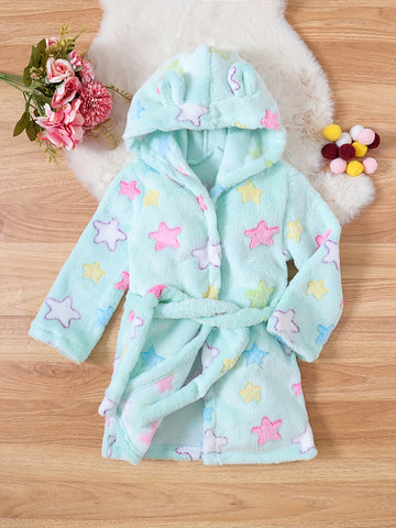 Children's Sea-Blue Plush Morning Robe - Hooded Robe with Stars and Ears