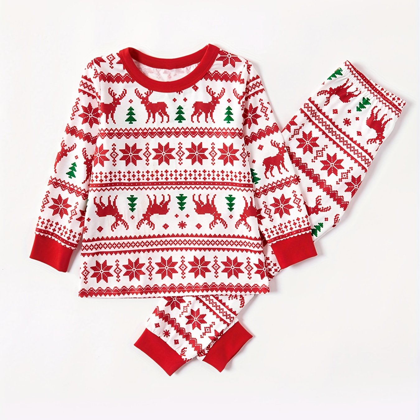 Unisex Rotes Familien-Weihnachts-Pyjama-Set – Rentier Strick & Langarm