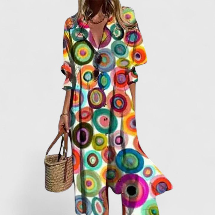 Women's Printed Midi Dress Lapel Collar and Button-Down Fastening
