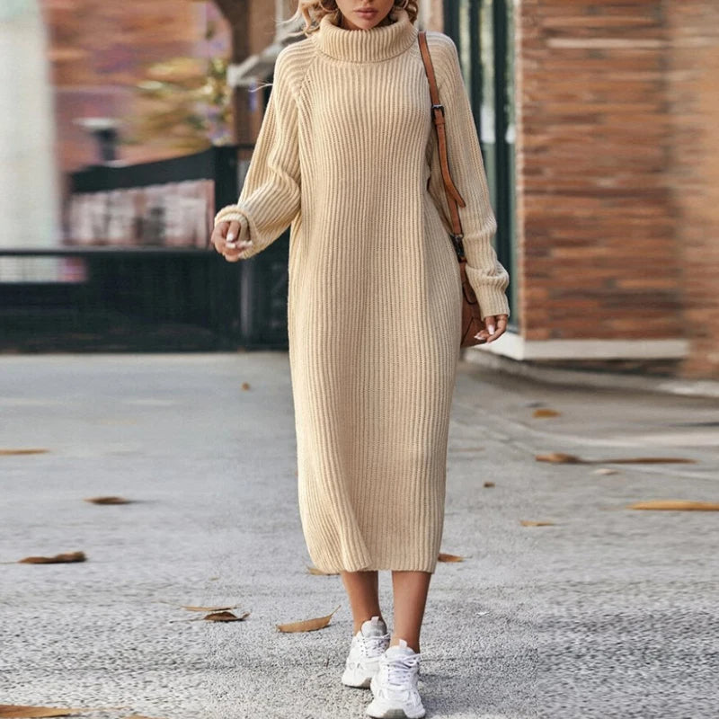 Damen Gestricktes Rollkragen-Pulloverkleid - Midi-Länge & Entspannte Passform