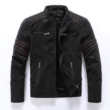 Men's Quilted Biker-Style Jacket - Zipper Pockets with Stand Collar
