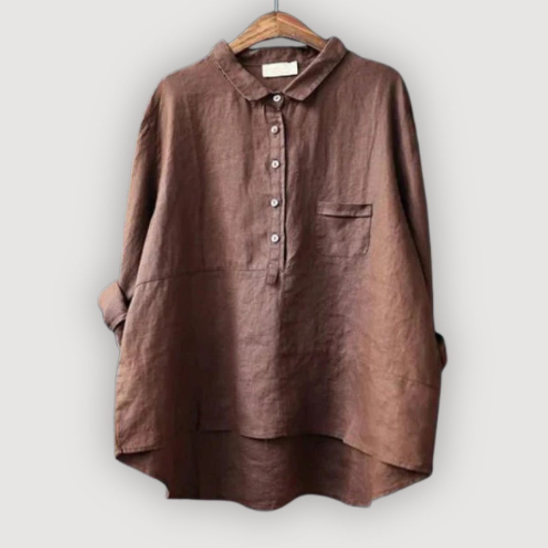 Damen Linen Oversized-Bluse - Lange Ärmel mit Brusttasche