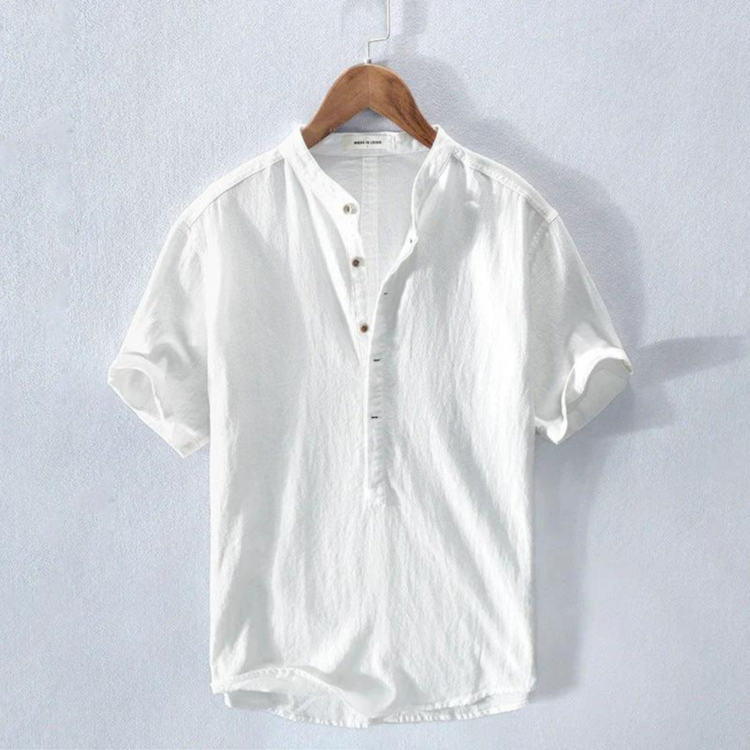 Men's Linen Shirt - Mandarin Collar with Short Sleeves