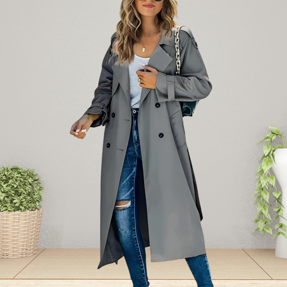 Women's Long Trench Coat - Double-Breasted Style