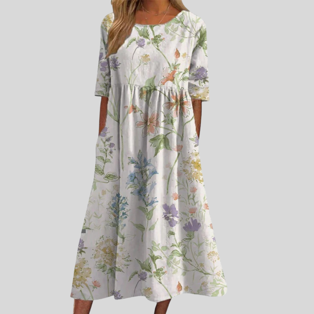 Damen Floral-Midikleid - Plissierte Taille mit Kurzärmeln