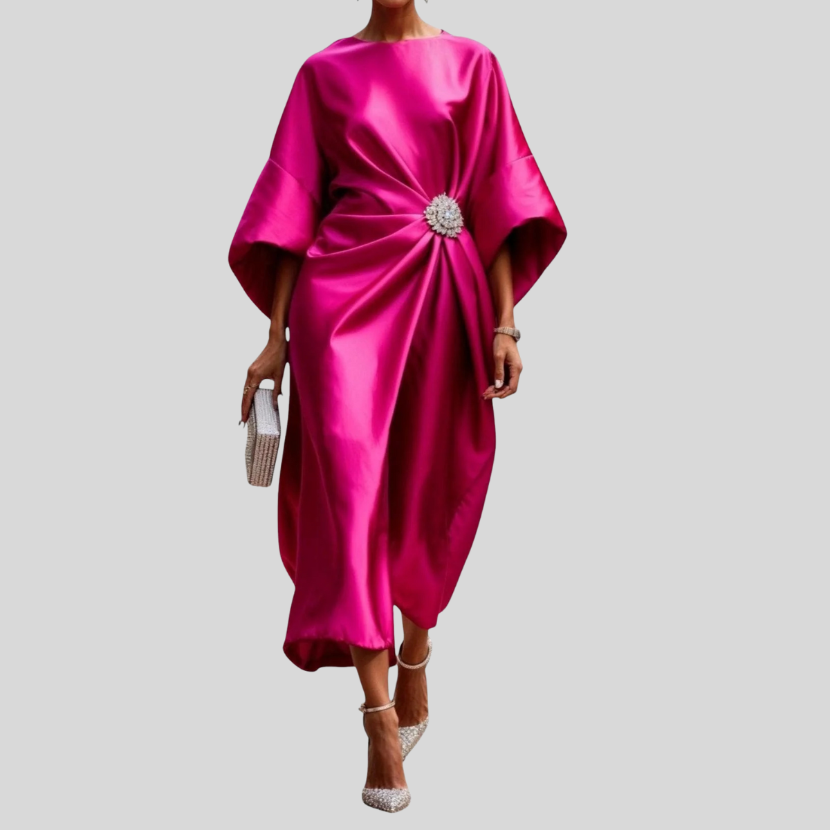 Damen Drapiertes Midikleid - Fledermausärmel mit Kristallbrosche