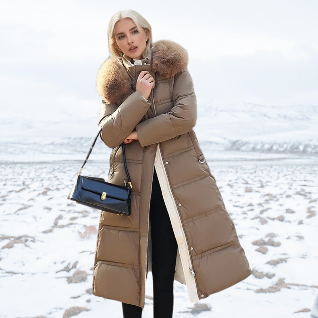 Damen Maxi Steppmantel - Gürtel mit Flauschigem Kragen