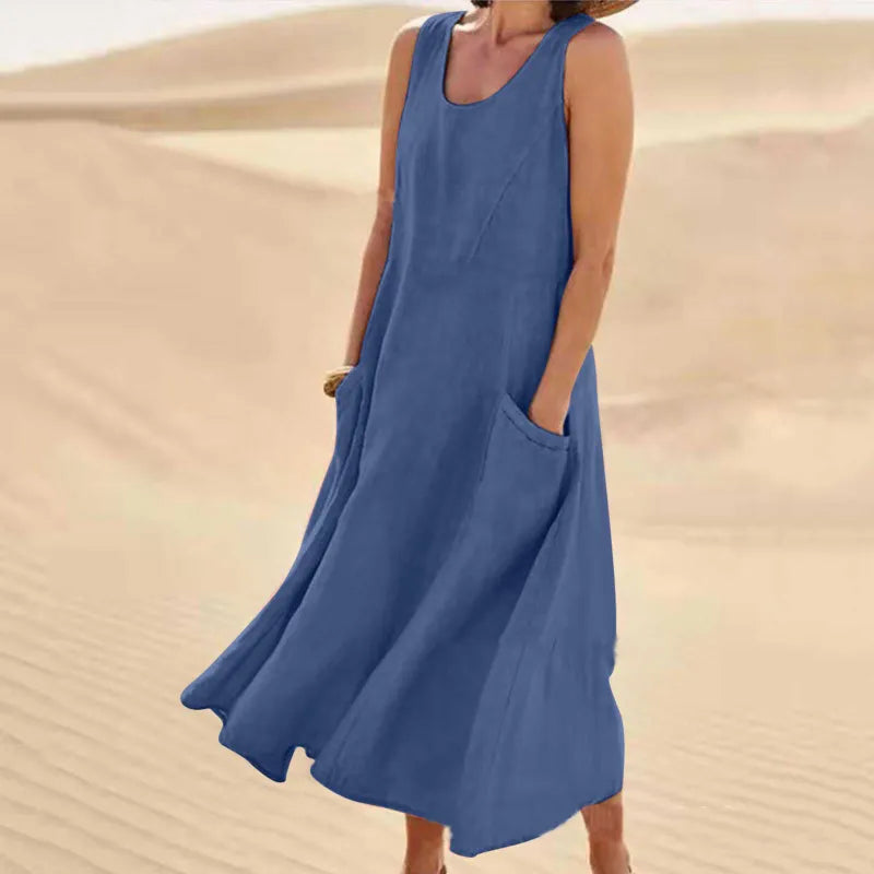 Women's Linen Midi Dress - Sleeveless with Pockets