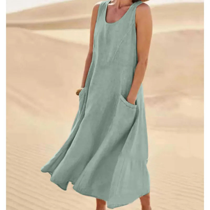 Women's Linen Midi Dress - Sleeveless with Pockets