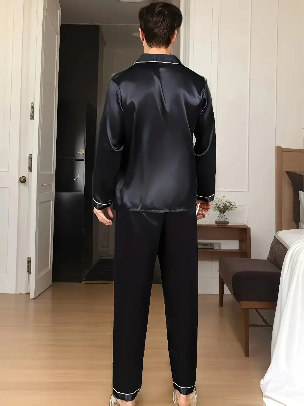 Herren Seidenartiges zweiteiliges Pyjama-Set - Hemd mit Kragen und Hose