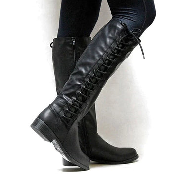 Damen Kniehohe Stiefel mit Seitenreißverschluss - Schnürung & Niedriger Absatz
