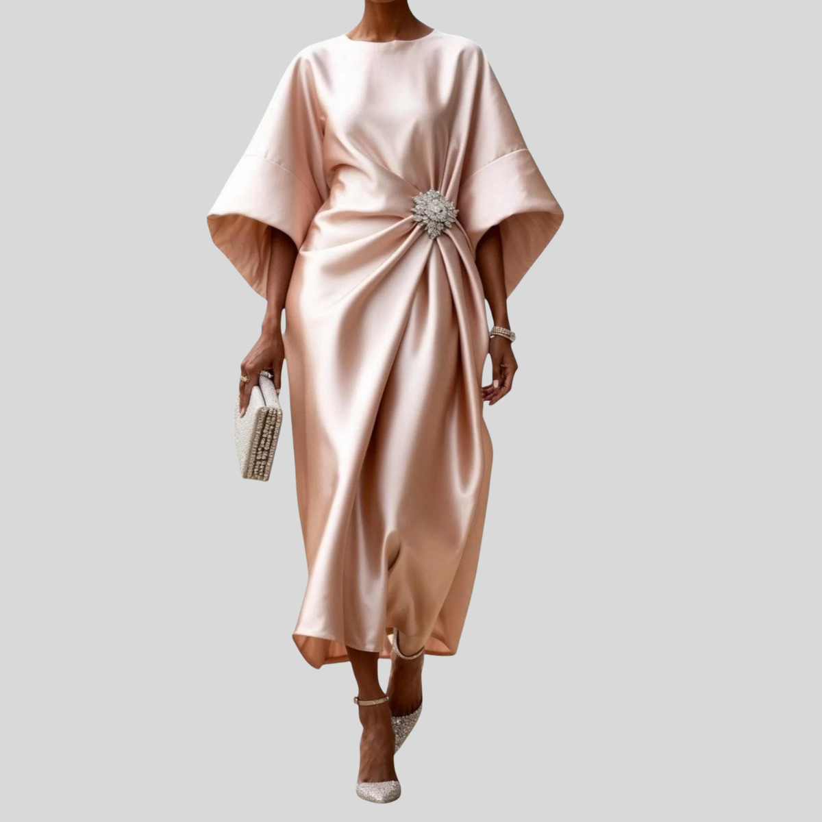 Damen Drapiertes Midikleid - Fledermausärmel mit Kristallbrosche