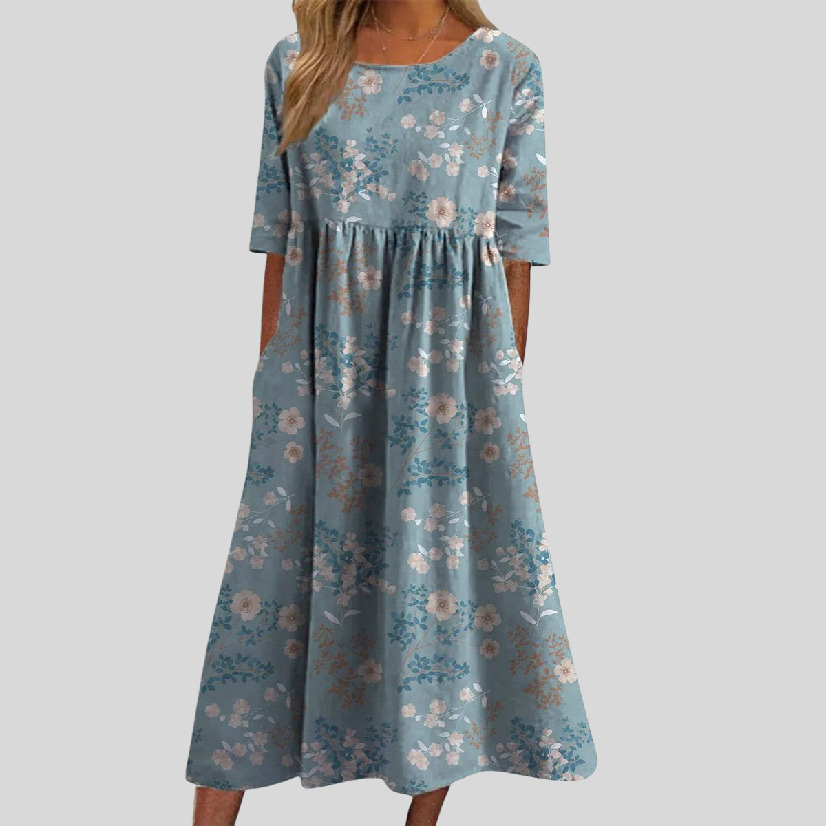 Damen Floral-Midikleid - Plissierte Taille mit Kurzärmeln