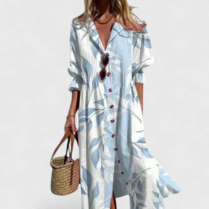 Women's Printed Midi Dress Lapel Collar and Button-Down Fastening