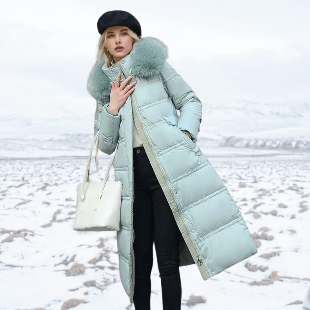 Damen Maxi Steppmantel - Gürtel mit Flauschigem Kragen