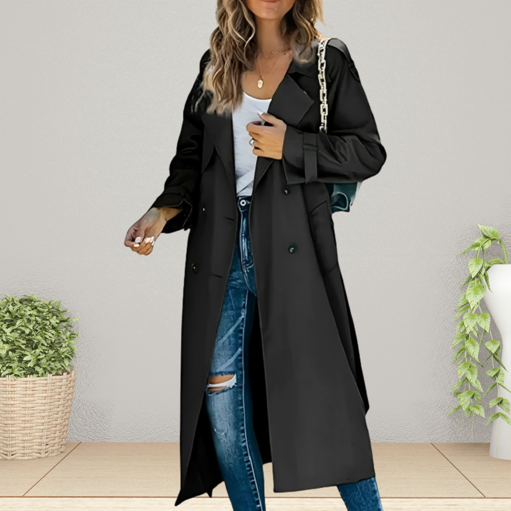 Women's Long Trench Coat - Double-Breasted Style