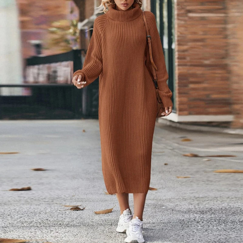 Damen Gestricktes Rollkragen-Pulloverkleid - Midi-Länge & Entspannte Passform