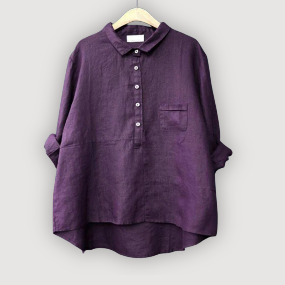 Damen Linen Oversized-Bluse - Lange Ärmel mit Brusttasche