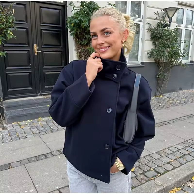 Women's double-breasted jacket with stand-up collar - cropped