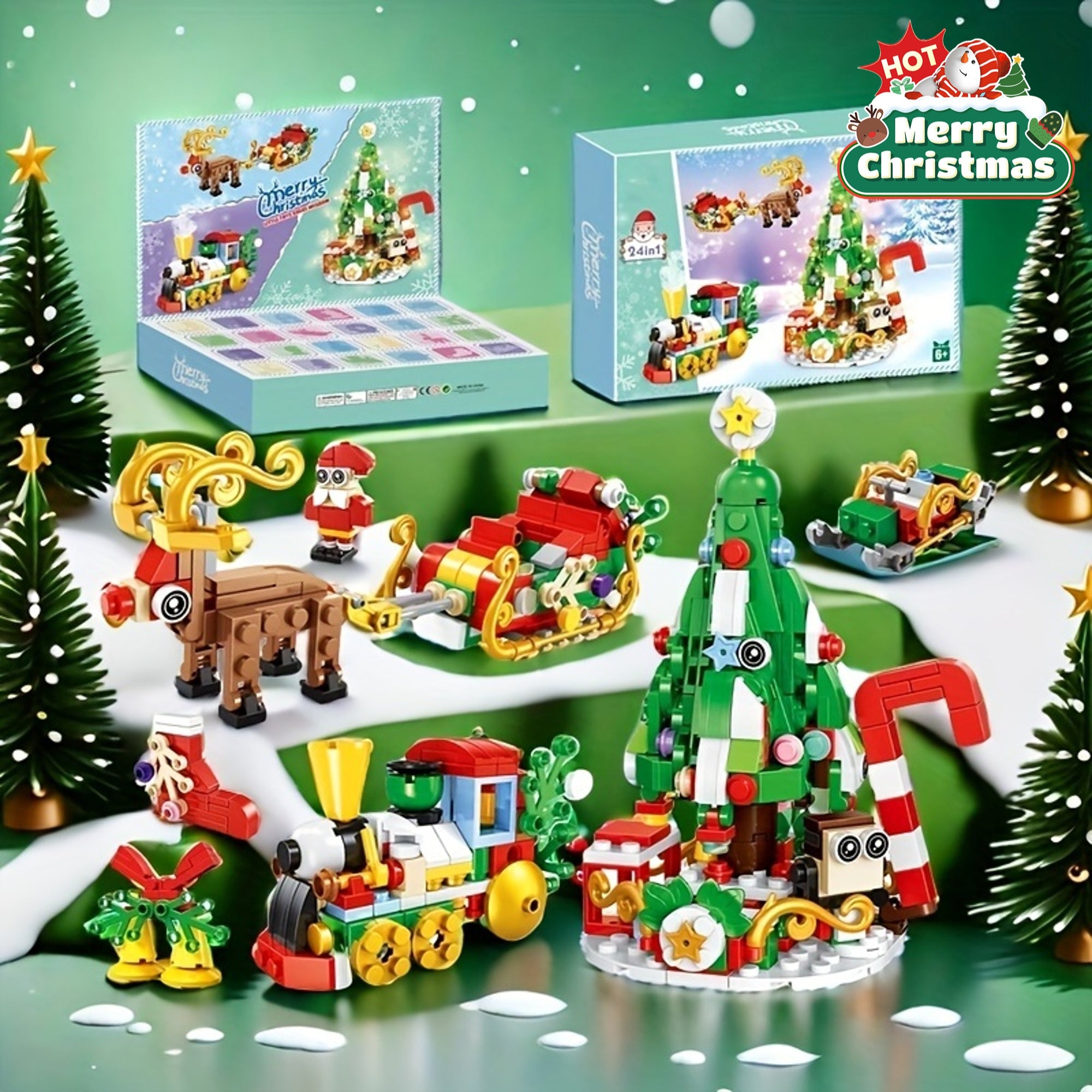 24-in-1 Weihnachts-Baustein-Set - Adventskalender Zug & Baum