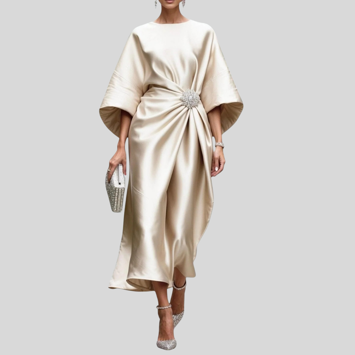 Damen Drapiertes Midikleid - Fledermausärmel mit Kristallbrosche