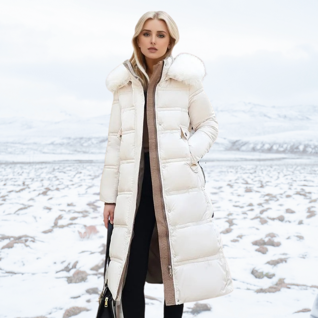 Damen Maxi Steppmantel - Gürtel mit Flauschigem Kragen