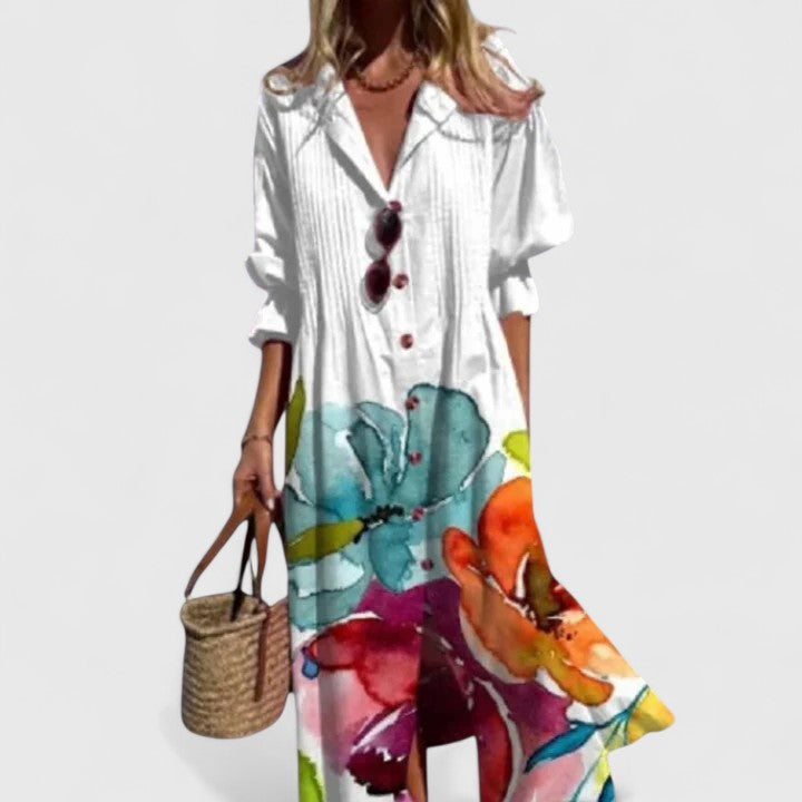 Women's Printed Midi Dress Lapel Collar and Button-Down Fastening
