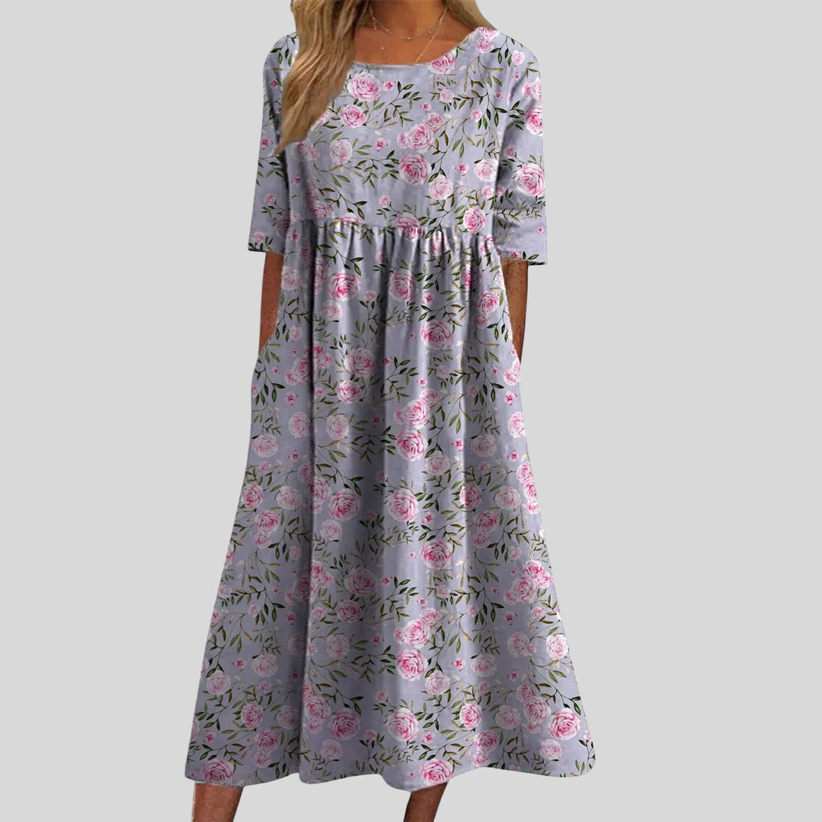 Damen Floral-Midikleid - Plissierte Taille mit Kurzärmeln