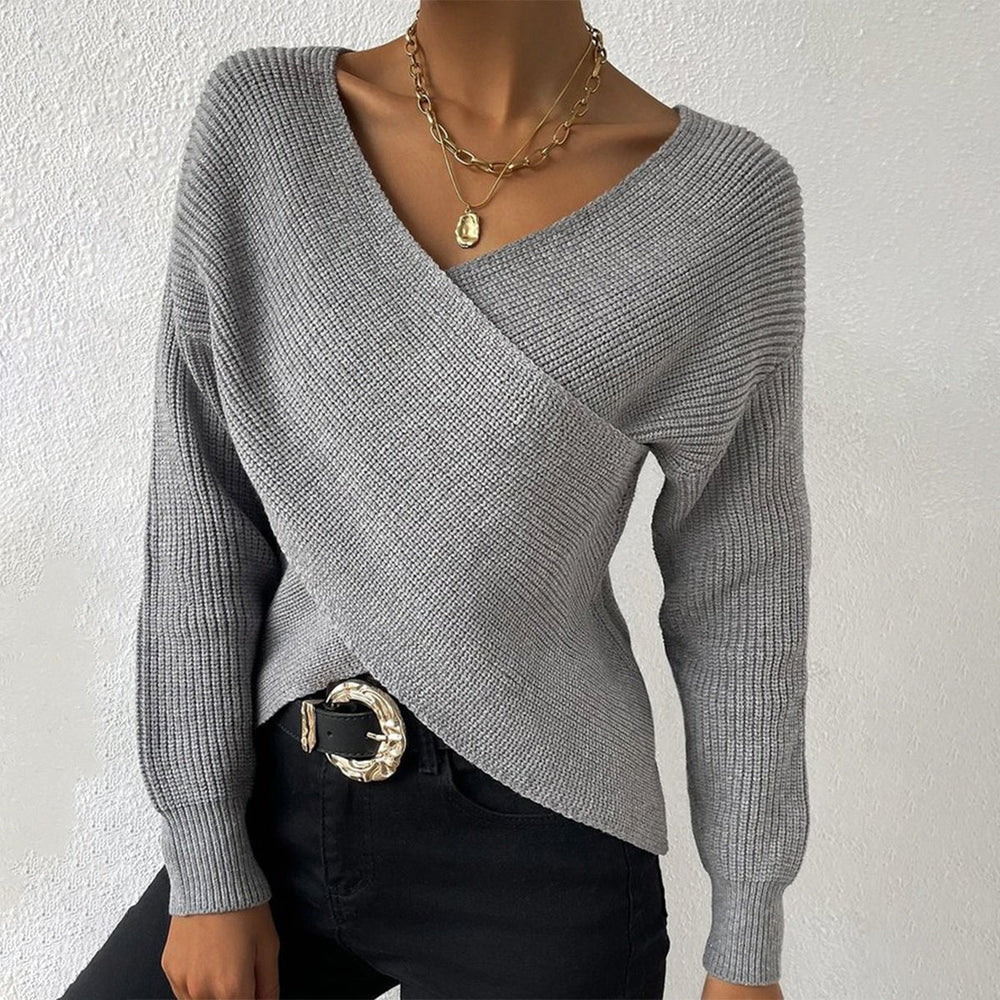 Eleganter Grauer Strickpullover mit V-Ausschnitt und Wickeldesign für Damen | Clara