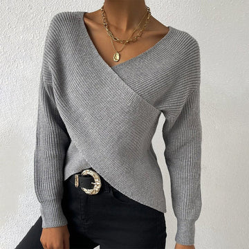 Eleganter Grauer Strickpullover mit V-Ausschnitt und Wickeldesign für Damen | Clara