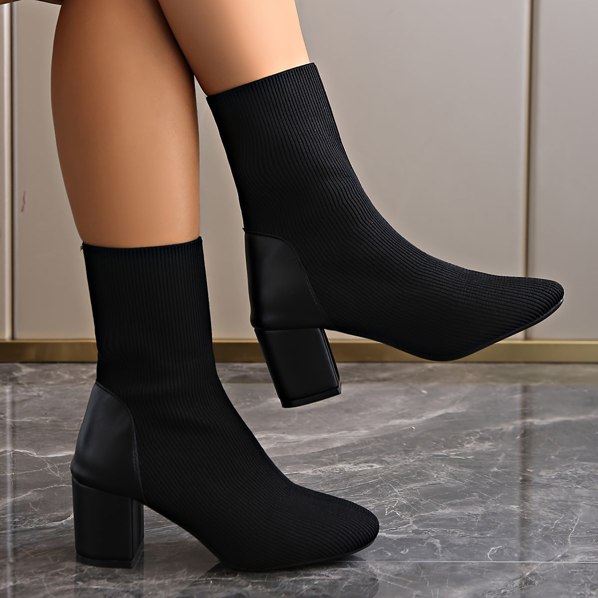 Damen Schwarze Gestrickte Stiefelette - Mittelhoher Blockabsatz