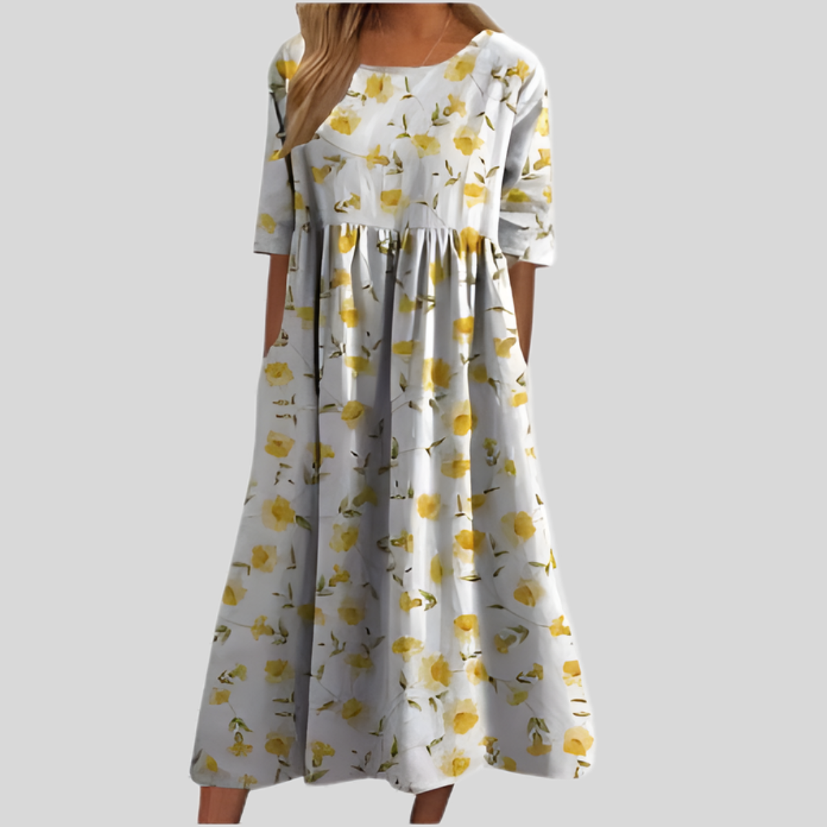Damen Floral-Midikleid - Plissierte Taille mit Kurzärmeln