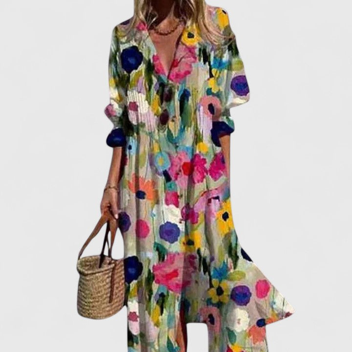 Women's Printed Midi Dress Lapel Collar and Button-Down Fastening