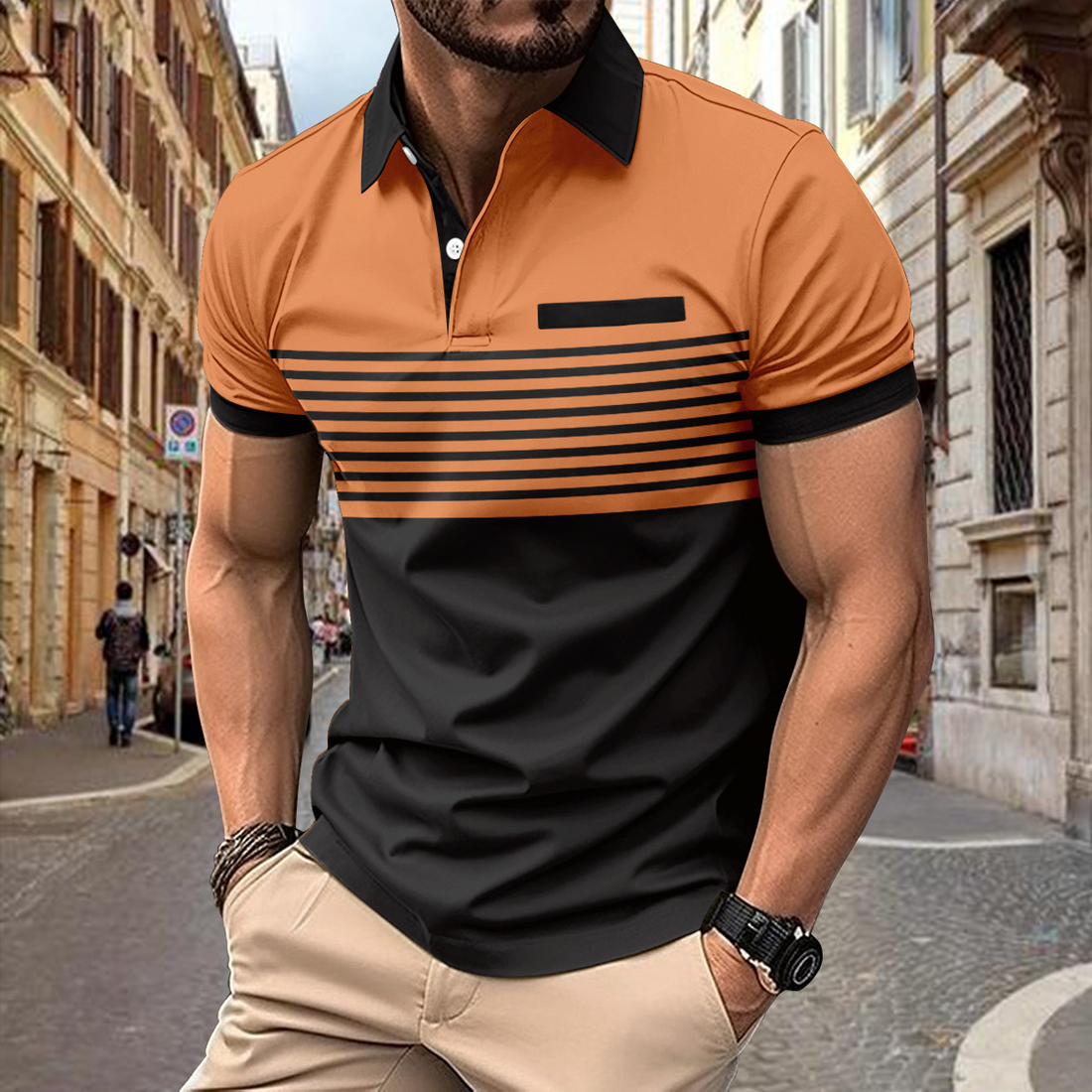 Stilvolles Kurzarm-Button-Up-Poloshirt mit Streifen für Herren