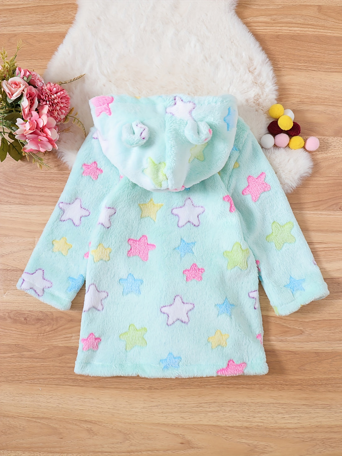 Kinder See-Blau Plüsch-Morgenmantel - Hooded Robe mit Sternen und Ohren