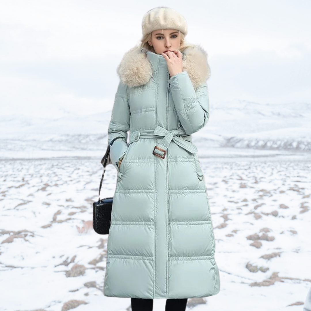 Damen Maxi Steppmantel - Gürtel mit Flauschigem Kragen