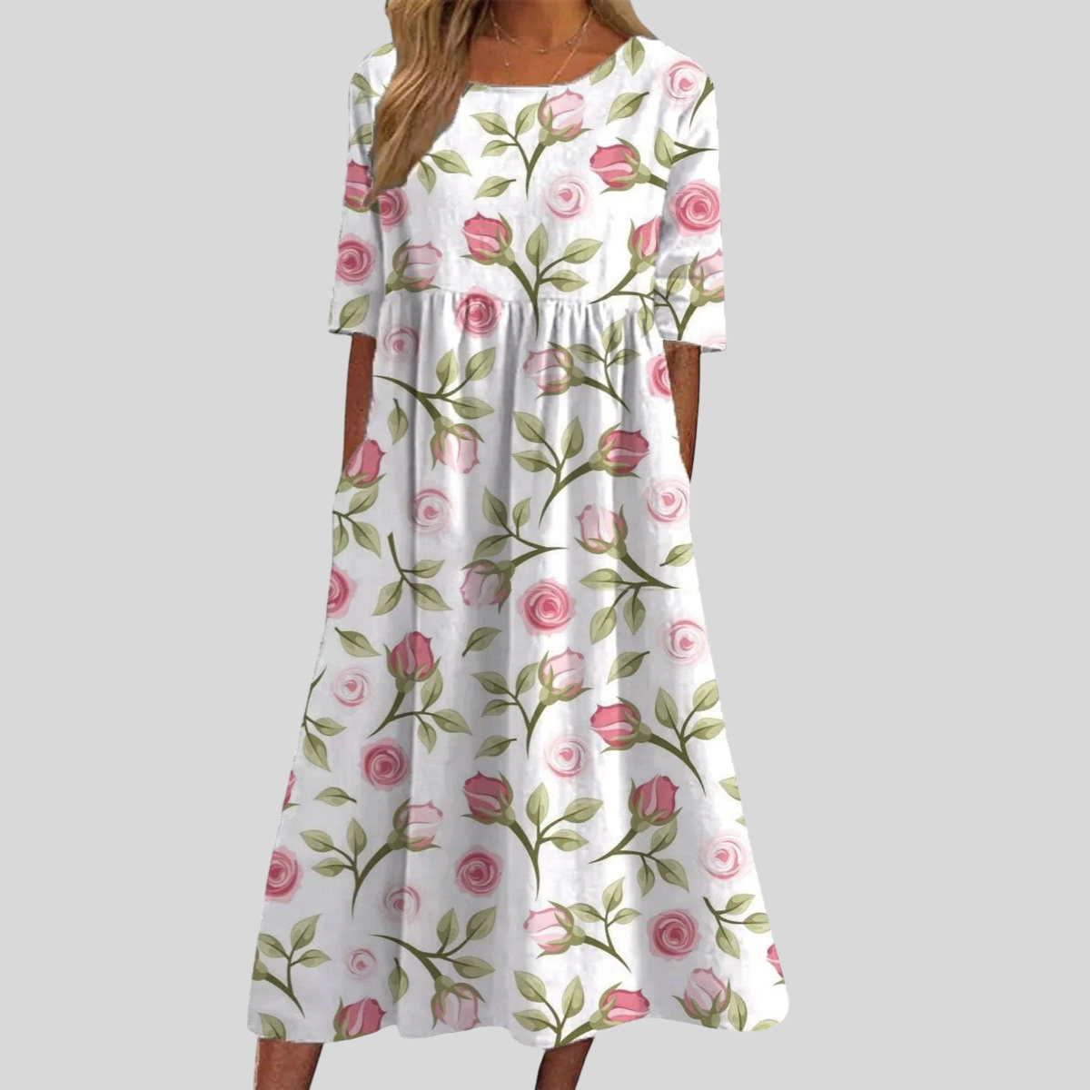 Damen Floral-Midikleid - Plissierte Taille mit Kurzärmeln