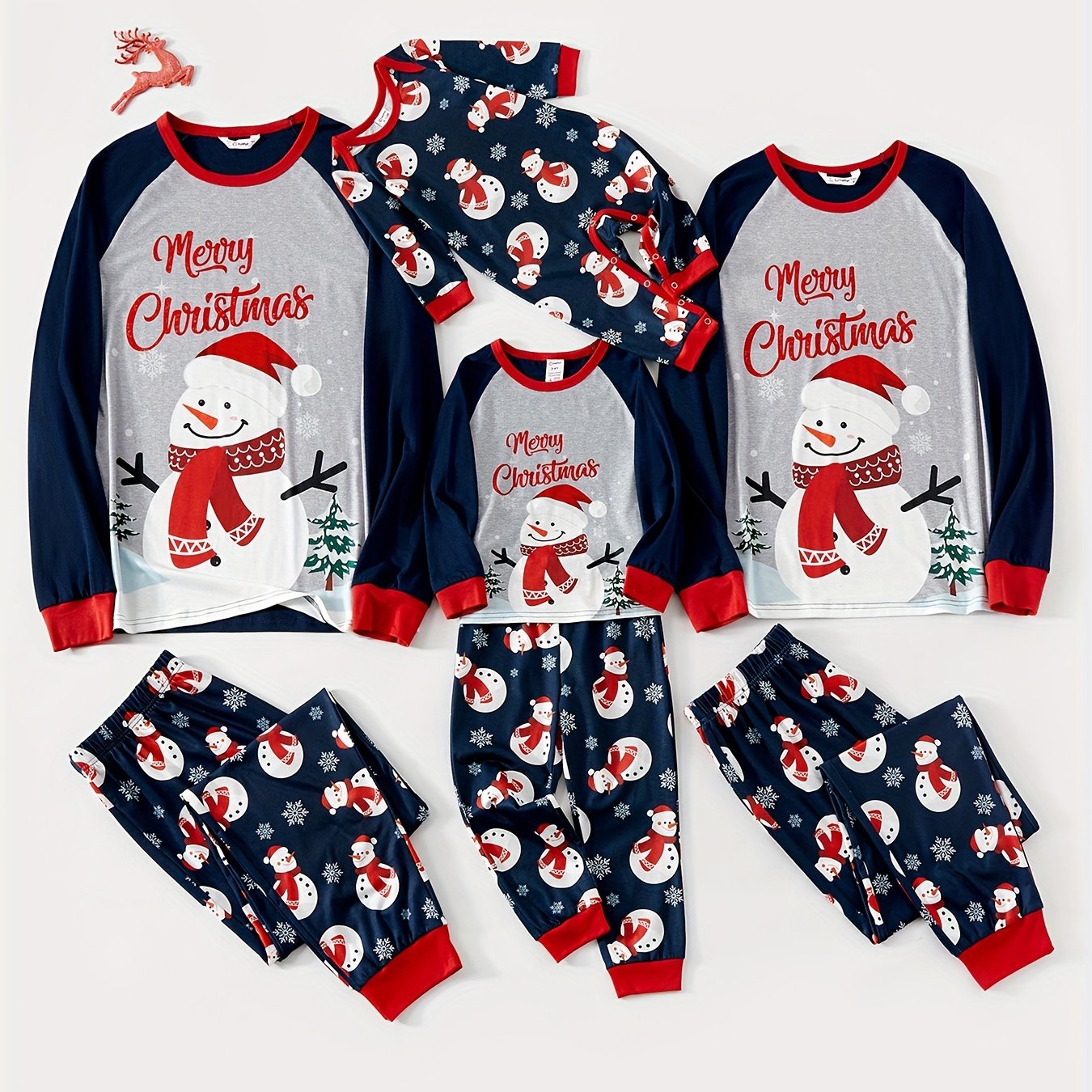 Unisex Familien-Schneemann-Print Blauer Weihnachts-Pyjama – Passender Pullover & Hosen