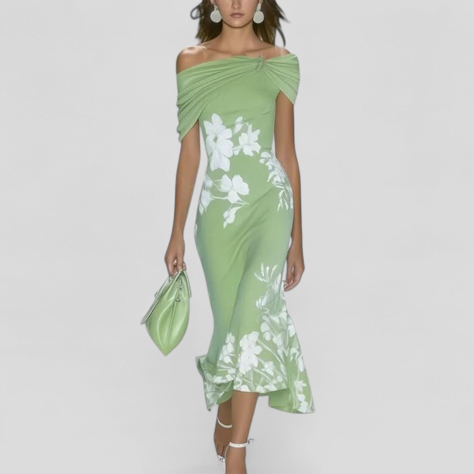 Damen Florales Midikleid Schulterfreier Ausschnitt und Ausgestellter Saum