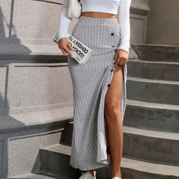 Damen Gerippter Maxi Rock - Seitenschlitz mit Knöpfen