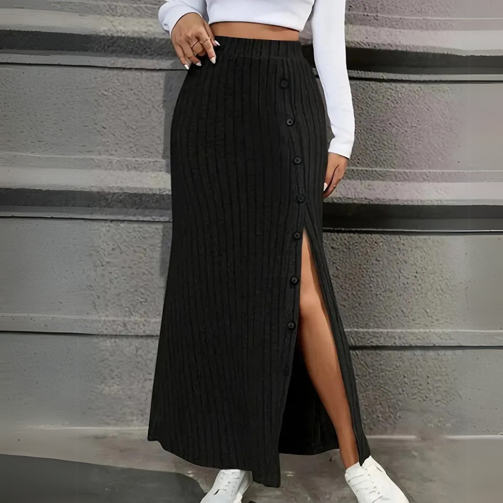 Damen Gerippter Maxi Rock - Seitenschlitz mit Knöpfen