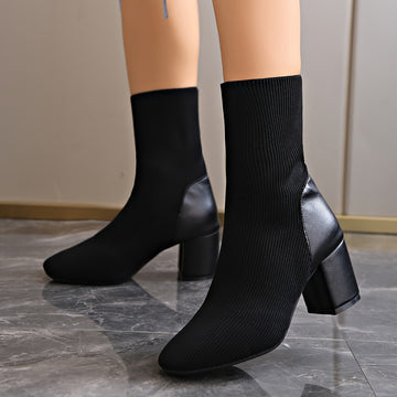 Women's Black Knitted Ankle Boot - Mid-height Block Heel