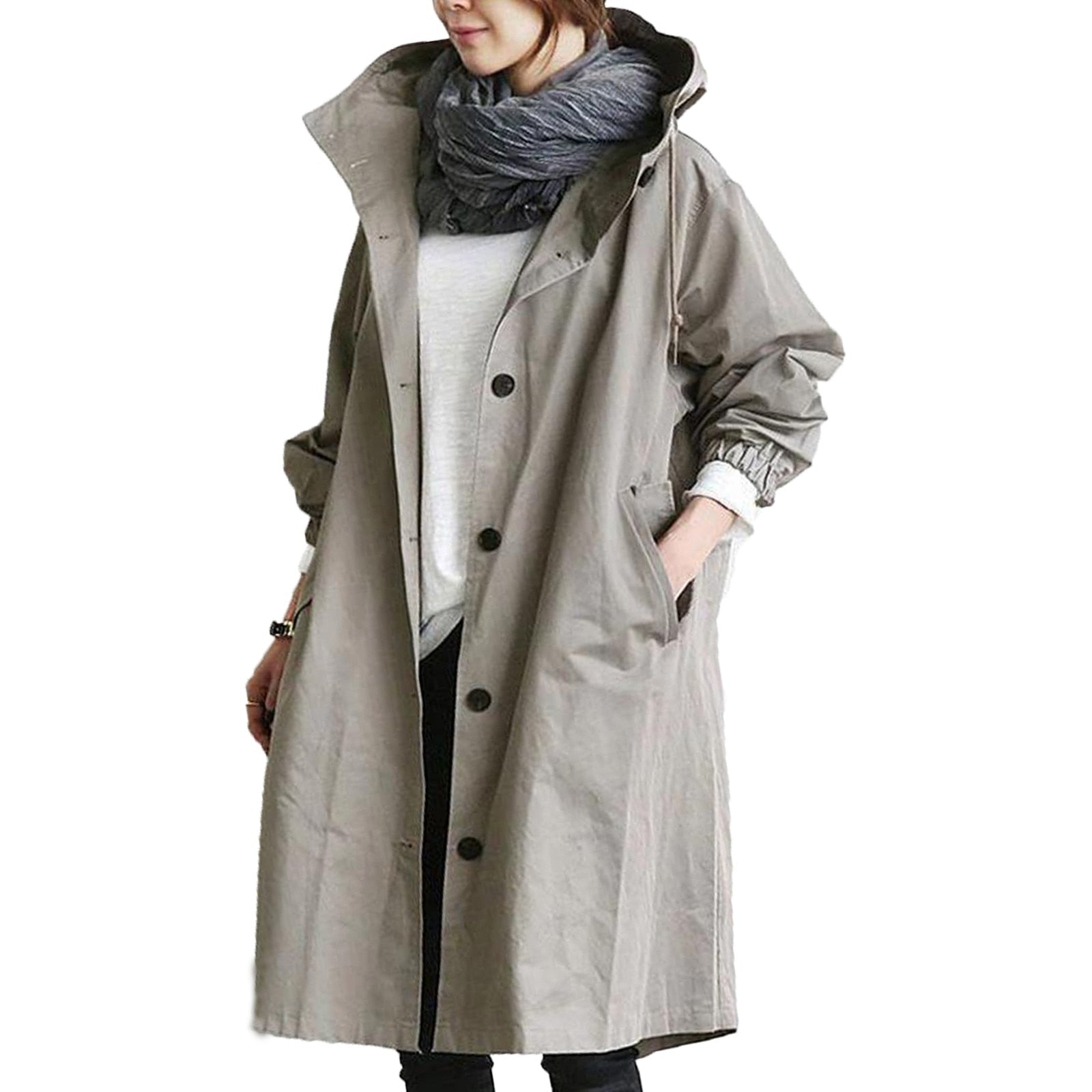 Women's Long Waterproof Jacket - Adjustable Hood Function