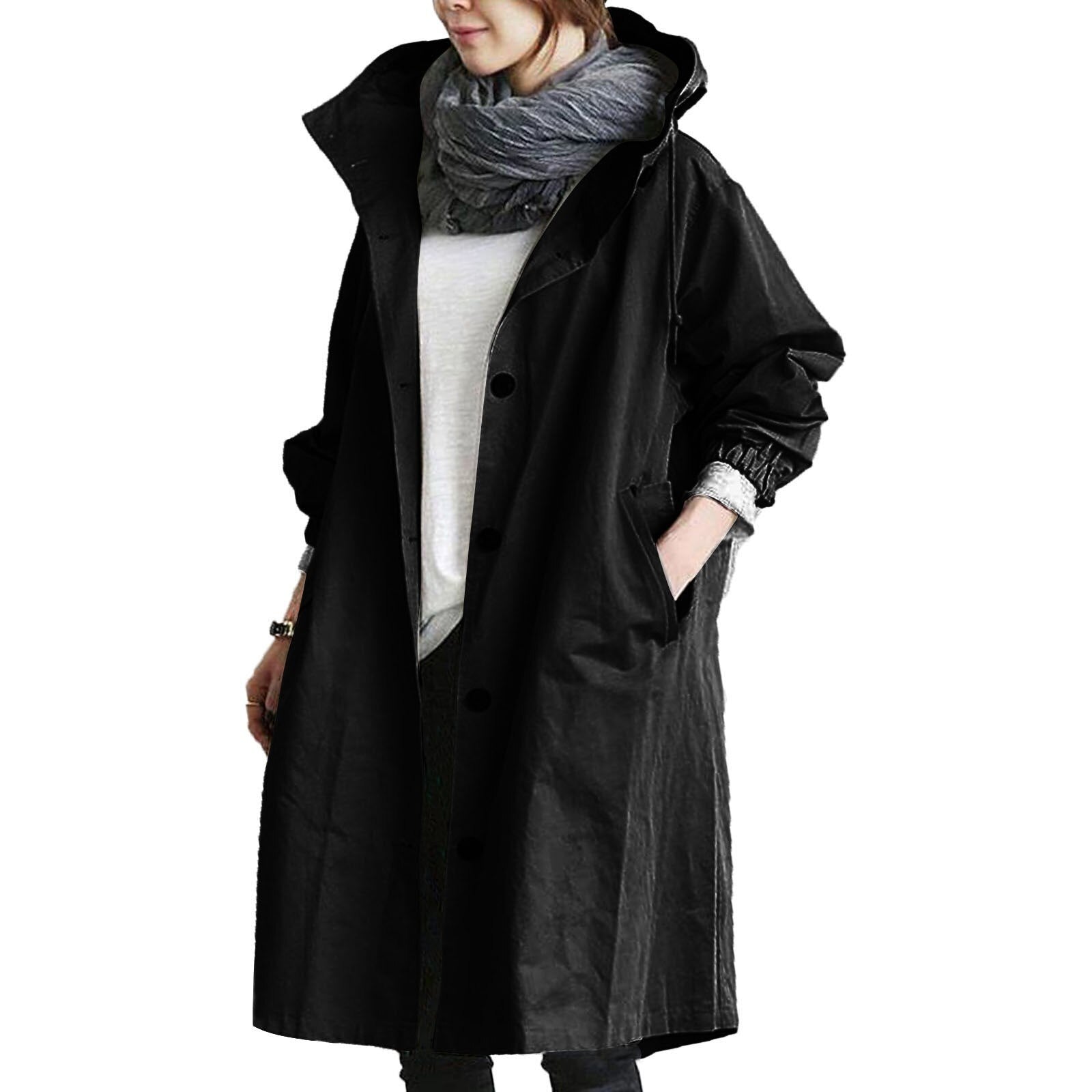 Women's Long Waterproof Jacket - Adjustable Hood Function