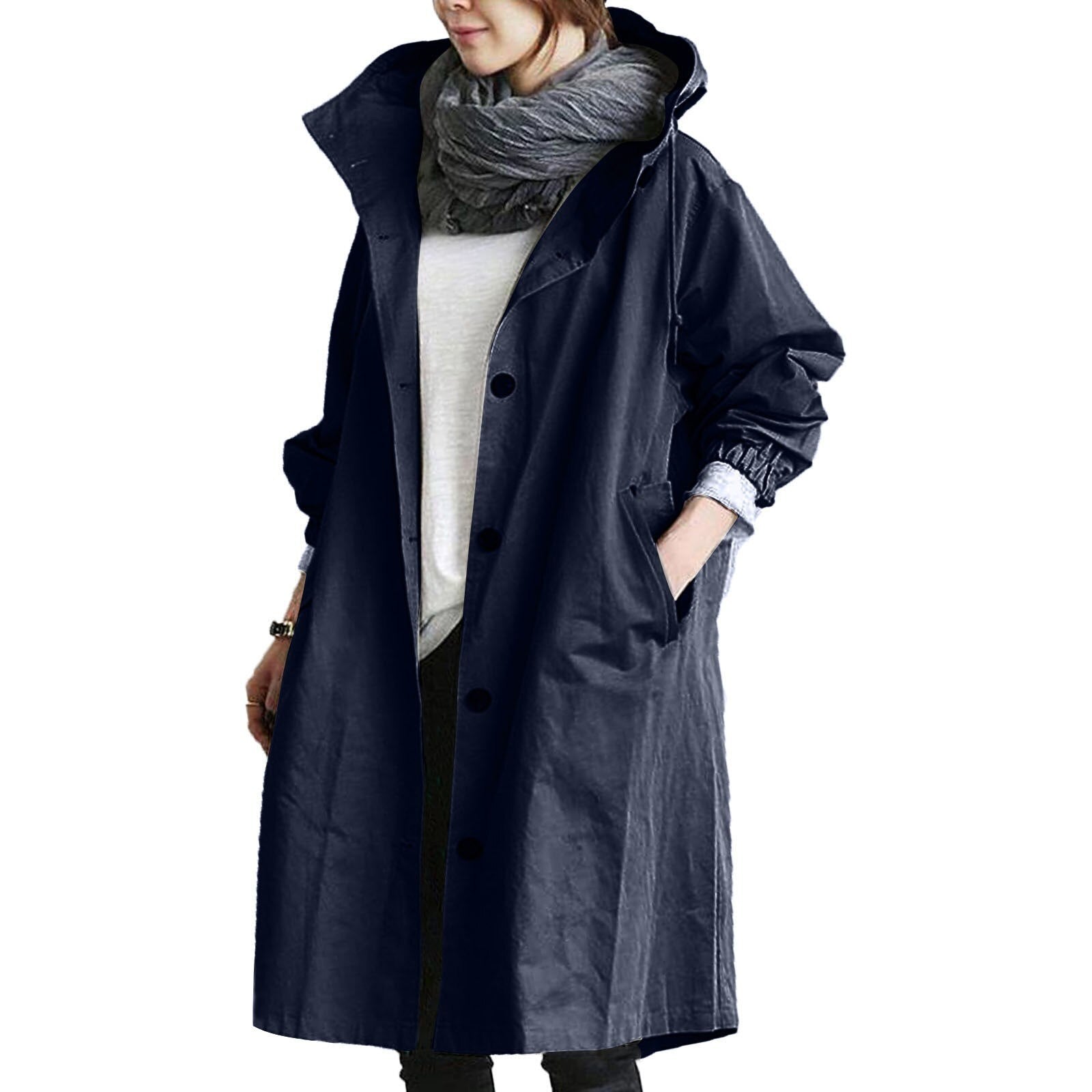 Women's Long Waterproof Jacket - Adjustable Hood Function