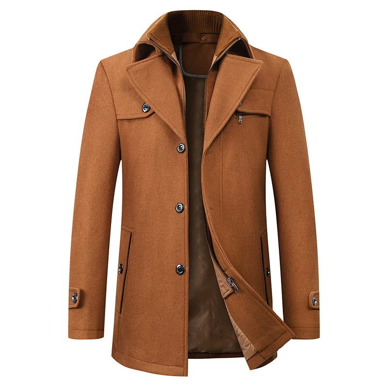 Men's coat with ribbed collar - single-breasted with buttons and zipper