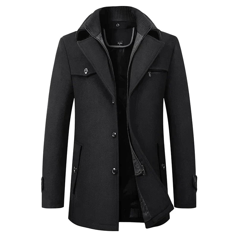 Men's coat with ribbed collar - single-breasted with buttons and zipper
