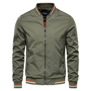 Men's Zipper Bomber Jacket - Striped Cuffs & Hem