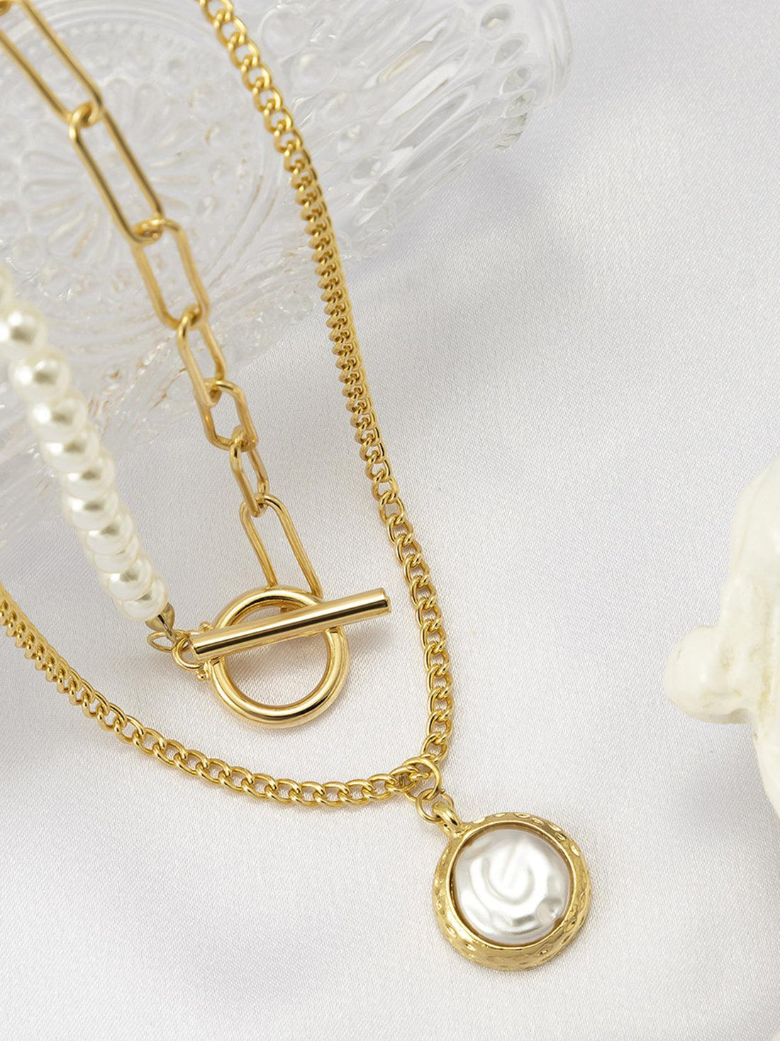 Damen 2-teiliges Gold Halsketten-Set - Perlen & Ketten Geschichteter Anhänger